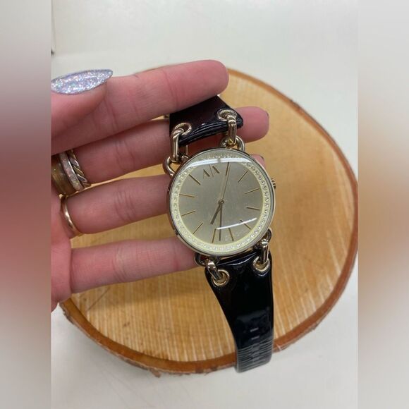 A/X Goldtone W/Crystals Black Leather Band